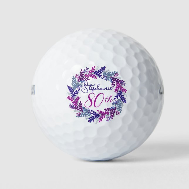 Elegant Purple Pink Wreath 80th Birthday Golf Balls (Front)