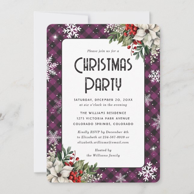 Elegant Purple Plaid Botanical Christmas Party Invitation (Front)