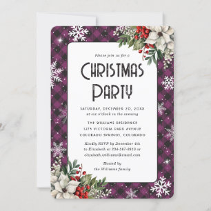 Elegant Purple Plaid Botanical Christmas Party Invitation