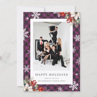 Elegant Purple Plaid Botanical Photo Business Holiday Card