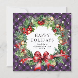 Elegant Purple Plaid Christmas Wreath Business Holiday Card
