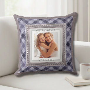 Elegant Purple Plaid Mother Photo Keepsake Cushion