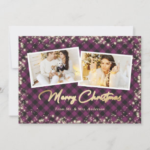 Elegant Purple Plaid Newlyweds Photo Christmas Holiday Card