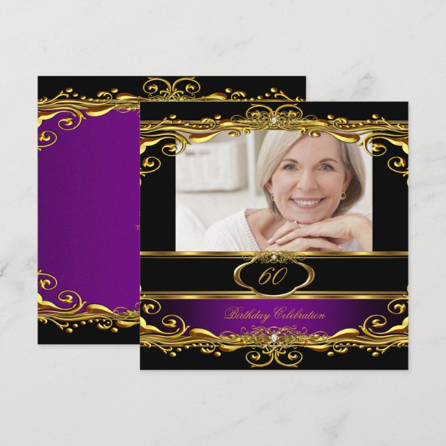 Elegant Purple Plum Black Gold 60th Birthday Party Invitation (Front/Back)