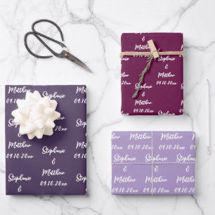 Elegant Purple Plum Bride Groom Names Weddings Wrapping Paper Sheet