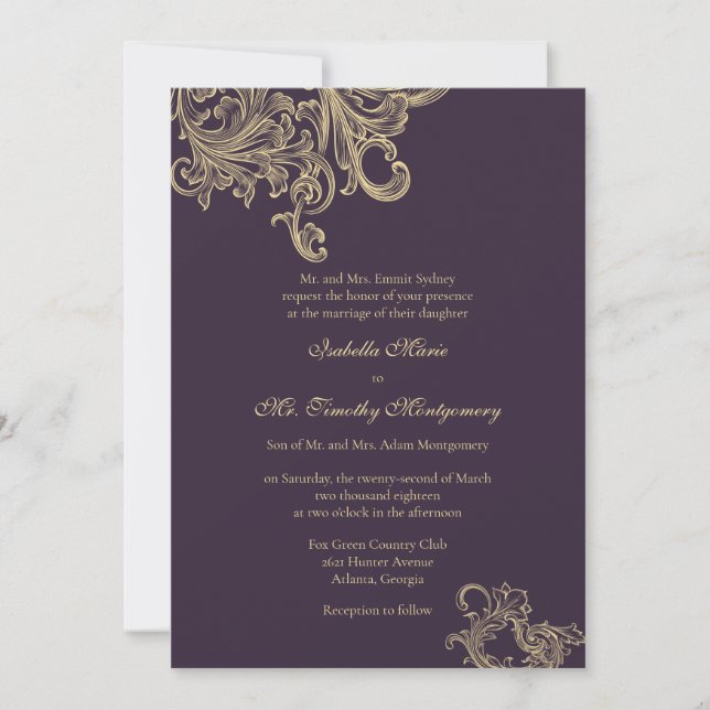 Elegant Purple Plum Flourish Wedding Parents Names Invitation (Front)