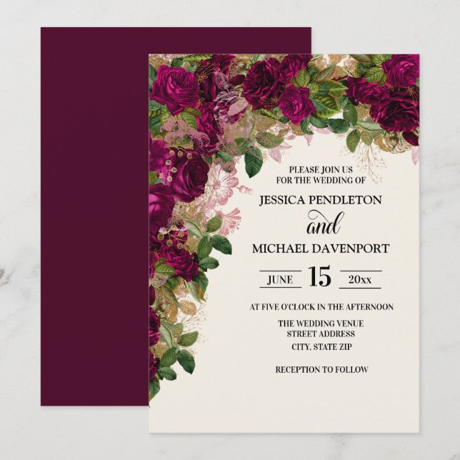 Elegant Purple Plum Flowers Wedding Invitation (Front/Back)