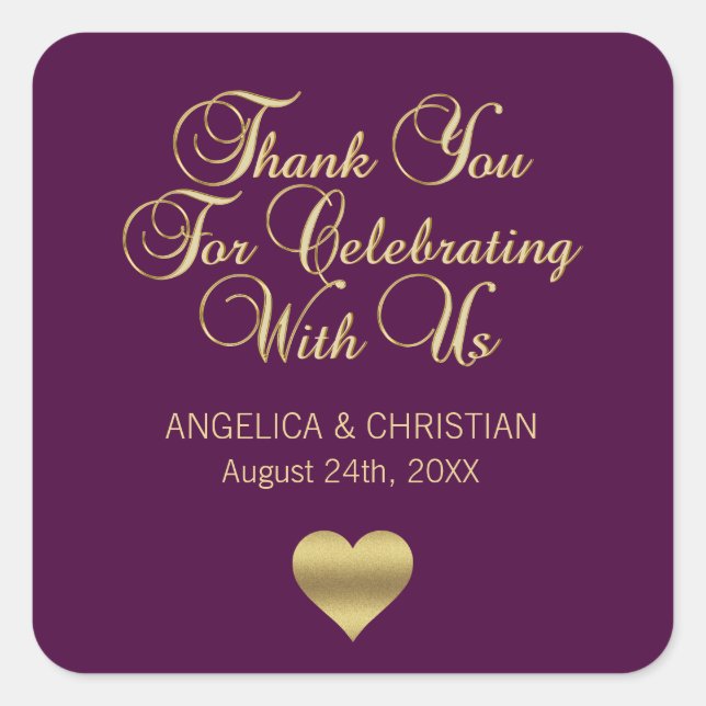 Elegant Purple Plum Mauve Gold Thank you Wedding Square Sticker (Front)