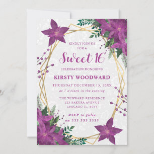 Elegant Purple Poinsettia Winter Sweet 16 Invitation