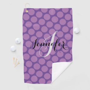 Elegant Purple Polka Dot Script Personalised Golf Towel