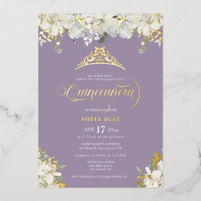 Elegant Purple Quinceañera Floral Gold  (Front)