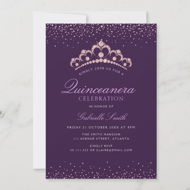 elegant purple Quinceanera invitation (Front)