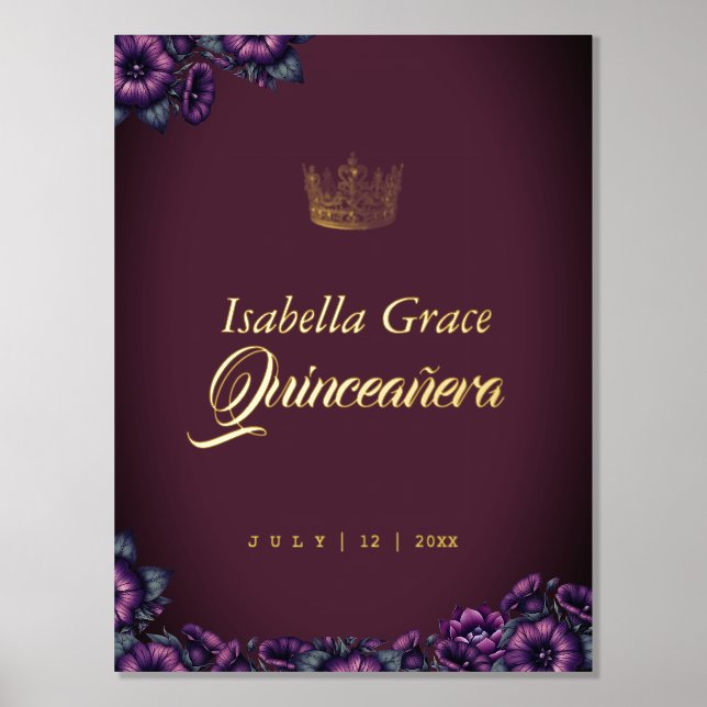 Elegant Purple Quinceañera with Script and Floral Foil Prints (Front)