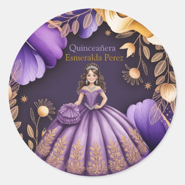 Elegant Purple Quinceañerañ Girl Illustration Classic Round Sticker (Front)