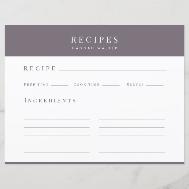 Elegant Purple Recipe Binder Enclosure Card (Front)