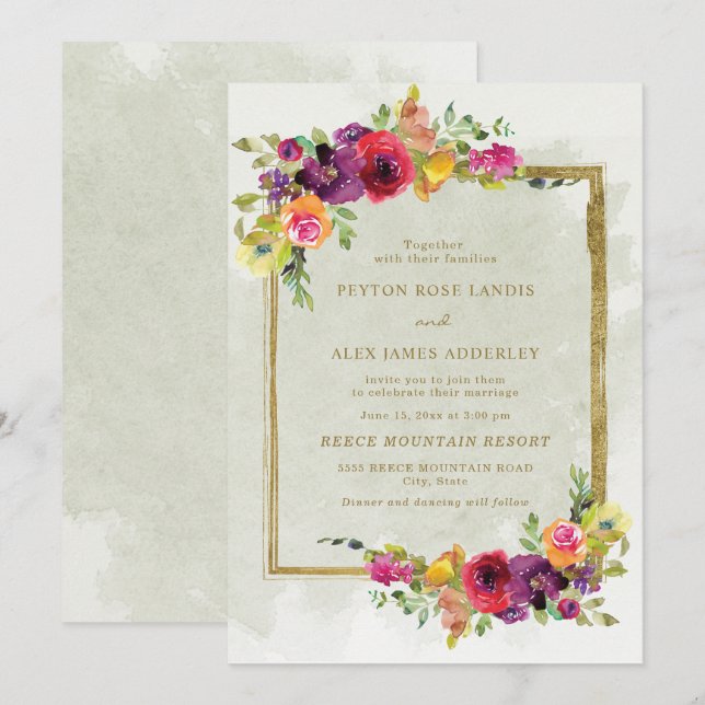 Elegant Purple Red Floral Green Leaves Gold Invitation (Front/Back)