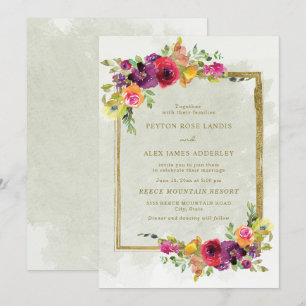 Elegant Purple Red Floral Green Leaves Gold Invitation