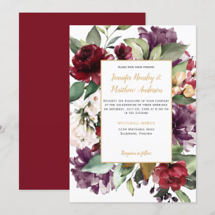 Elegant Purple Red Gold Floral Explosion Wedding Invitation