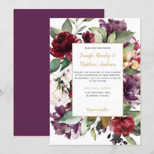 Elegant Purple Red Gold Floral Explosion Wedding Invitation