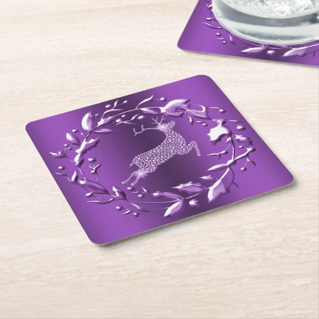 Elegant Purple Reindeer and Wreath Christmas Square Paper Coaster (Angled)
