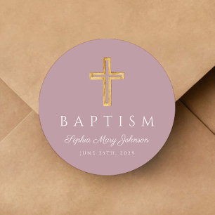 Elegant Purple Religious Cross Baptism Classic Round Sticker