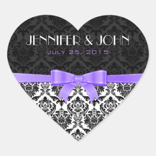 Elegant Purple Ribbon Black And White Damask Heart Sticker