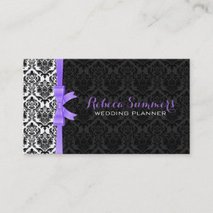 Elegant Purple Ribbon Black & White Damasks 2a Business Card