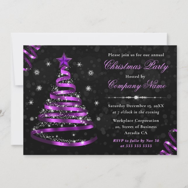 Elegant Purple Ribbon Tree Corporate Christmas Invitation (Front)