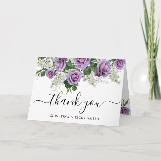 Elegant Purple Rose Bouquet Flowers Wedding Thank  Thank You Card (Front)