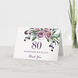 Elegant Purple Rose Floral 80th Birthday Thank You Card
