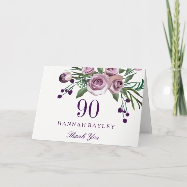 Elegant Purple Rose Floral 90th Birthday Thank You (Front)
