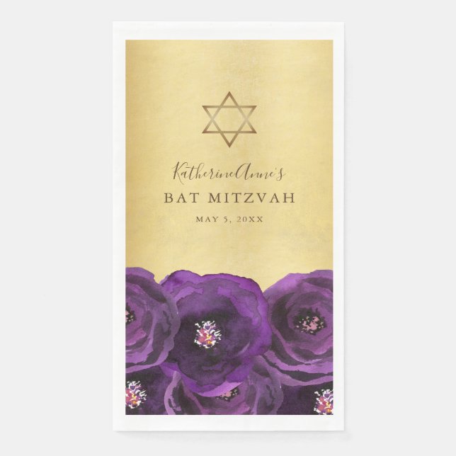 Elegant Purple Rose Floral Gold Bat Mitzvah Napkin (Front)