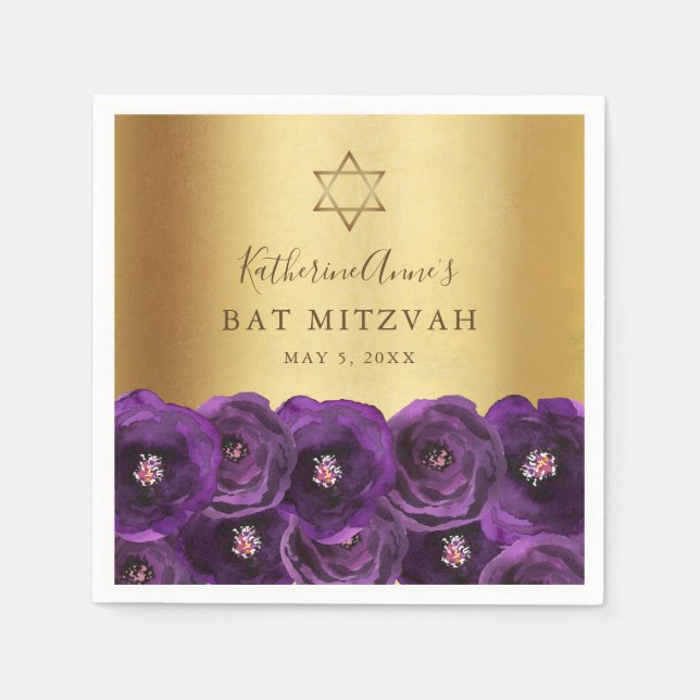 Elegant Purple Rose Floral Gold Bat Mitzvah Napkin (Front)