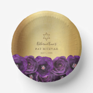 Elegant Purple Rose Floral Gold Bat Mitzvah Paper Plate