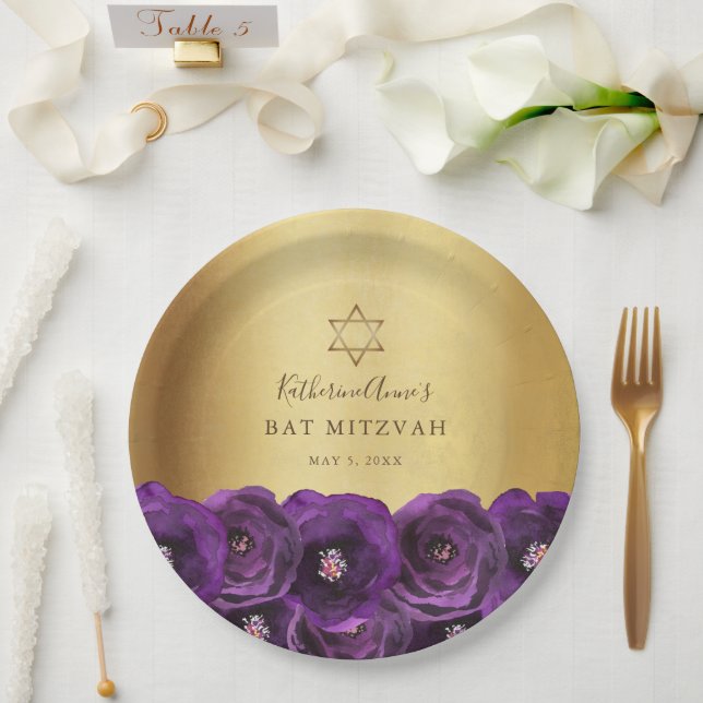 Elegant Purple Rose Floral Gold Bat Mitzvah Paper Plate (Wedding)