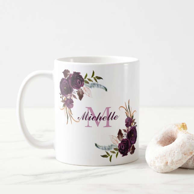 Elegant Purple Rose Floral Name Monogram Mug (With Donut)