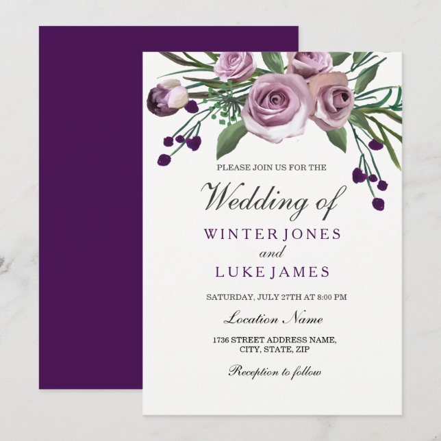 Elegant Purple Rose Floral Wedding Invite (Front/Back)