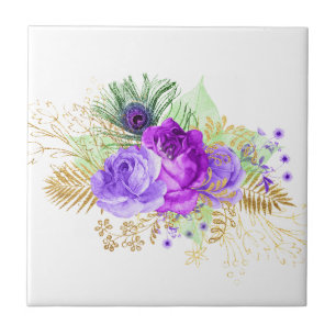Elegant Purple Rose Flower Gold Leaves Floral Tile