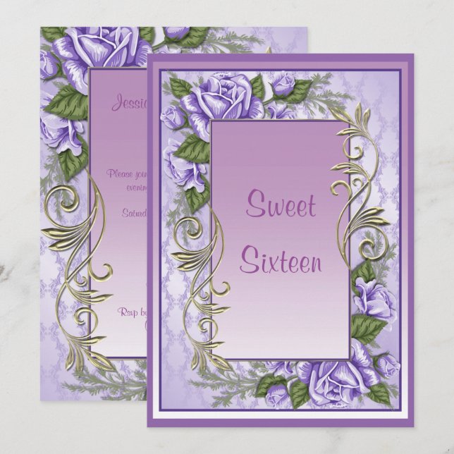 Elegant Purple Rose Framed Sweet Sixteen Birthday Invitation (Front/Back)