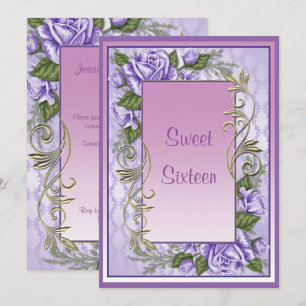 Elegant Purple Rose Framed Sweet Sixteen Birthday Invitation