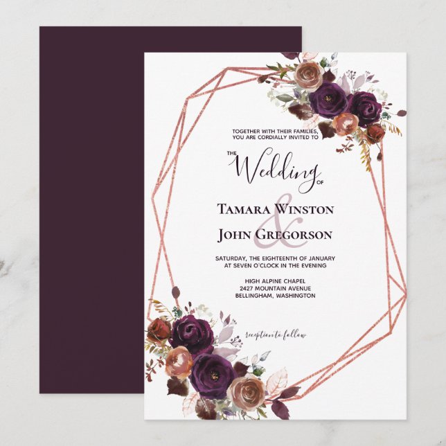 Elegant Purple Rose Gold Floral Geometric Wedding Invitation (Front/Back)