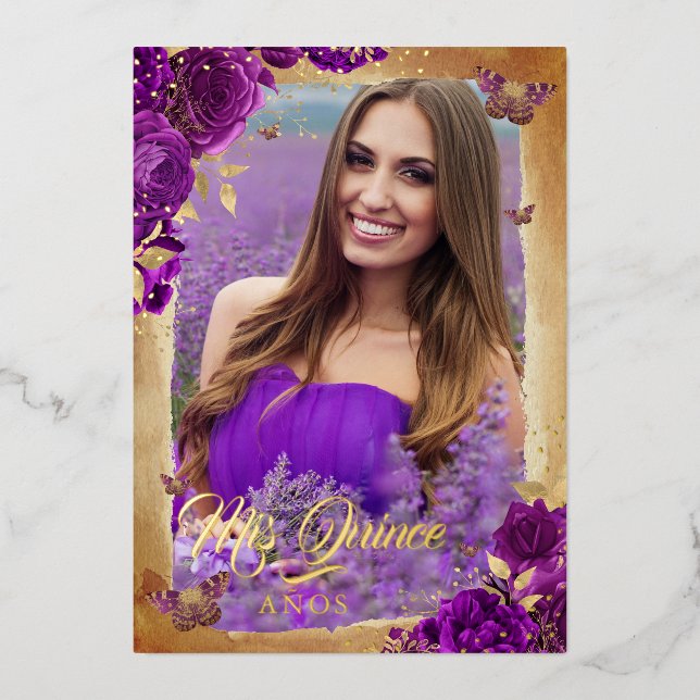 Elegant Purple Rose Gold Floral Photo Quinceanera  (Front)