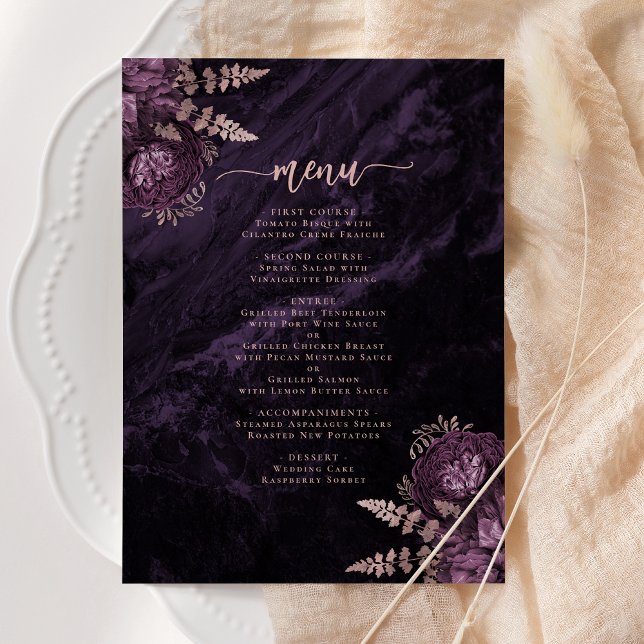 Elegant Purple Rose Gold Floral Wedding Menu (Creator Uploaded)