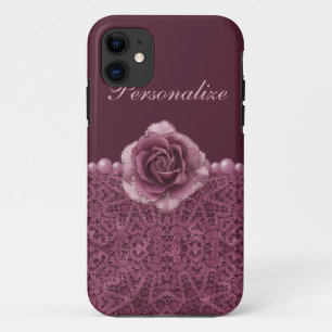 Elegant Purple Rose, Lace & Pearls iPhone 11 Case