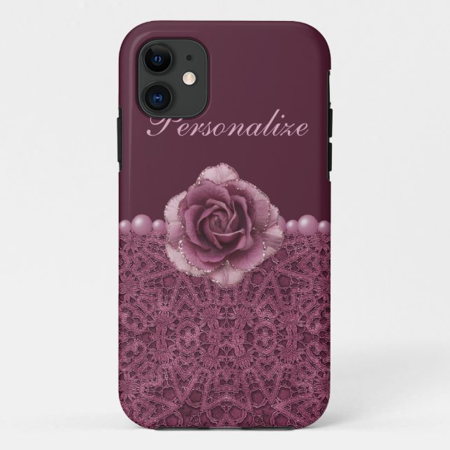 Elegant Purple Rose, Lace & Pearls Case-Mate iPhone Case (Back)