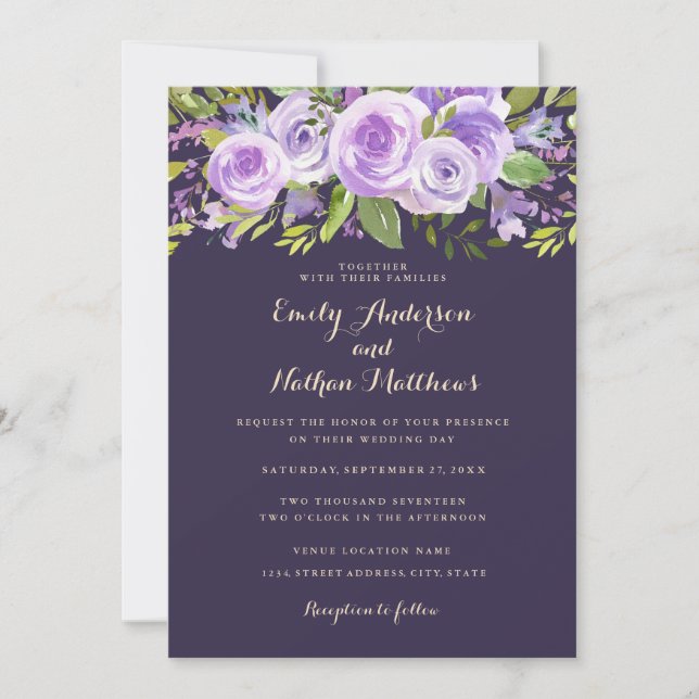 Elegant Purple Rose Lavender Floral Wedding Invitation (Front)