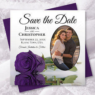 Elegant Purple Rose on white w/ Oval Photo Wedding Save The Date