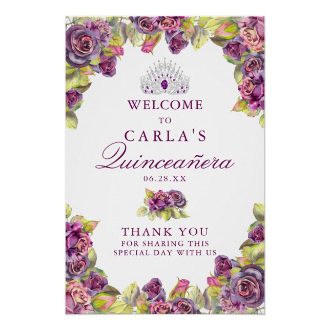 Elegant Purple Rose Quinceanera Welcome Sign (Front)