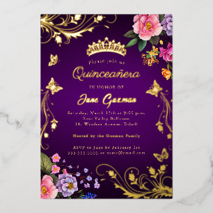 Elegant Purple Rose Swirl Gold Quinceañera