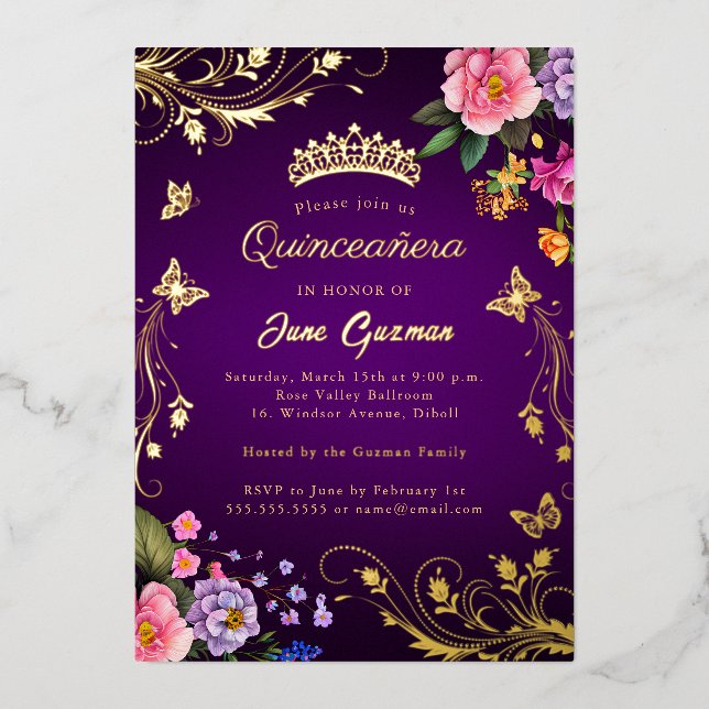 Elegant Purple Rose Swirl Gold Quinceañera (Front)